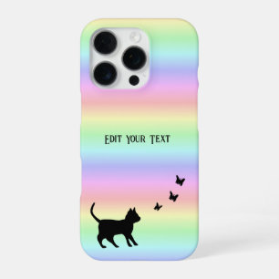 Black Cat and Butterfly on Rainbow iPhone 16 Pro Case