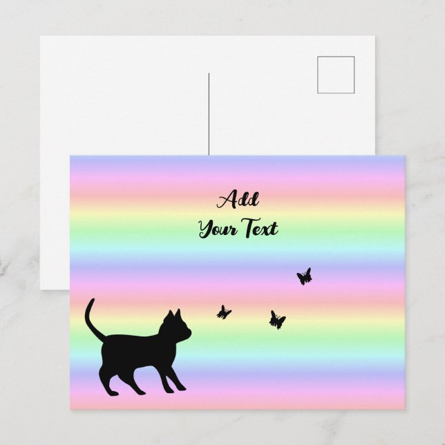 Black Cat and Butterfly on Rainbow Postcard (Front/Back)