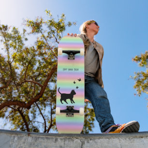 Black Cat and Butterfly on Rainbow Skateboard