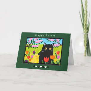Black Cat and Chick in Floral Garden Cute Easter  Card