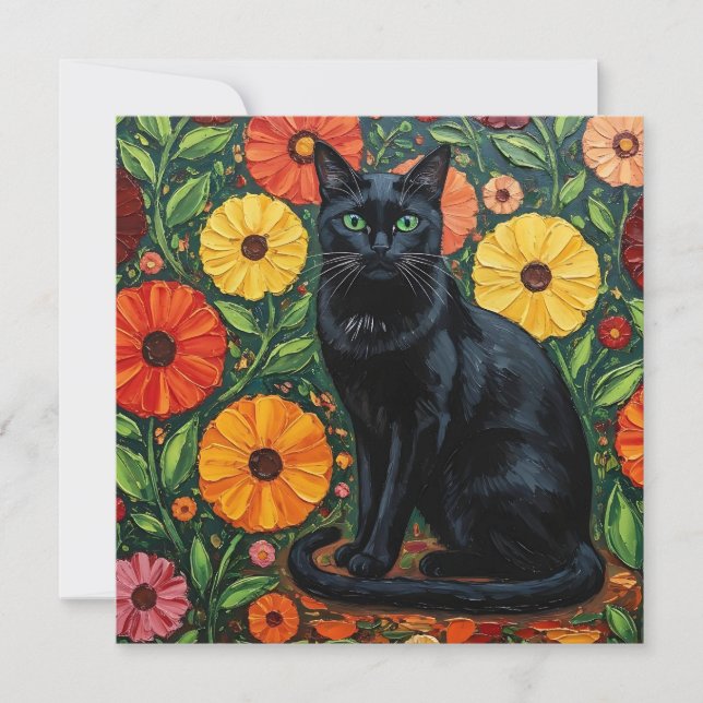 Black Cat and Colourful Folk Art Flowers Card (Front)