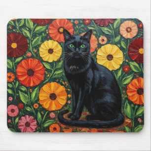 Black Cat and Colourful Folk Art Flowers Mouse Pad