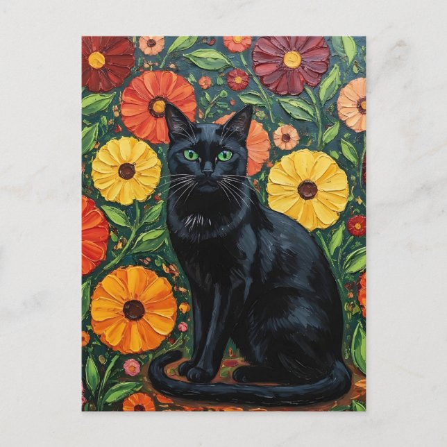 Black Cat and Colourful Folk Art Flowers Postcard (Front)