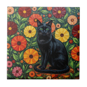 Black Cat and Colourful Folk Art Flowers Tile