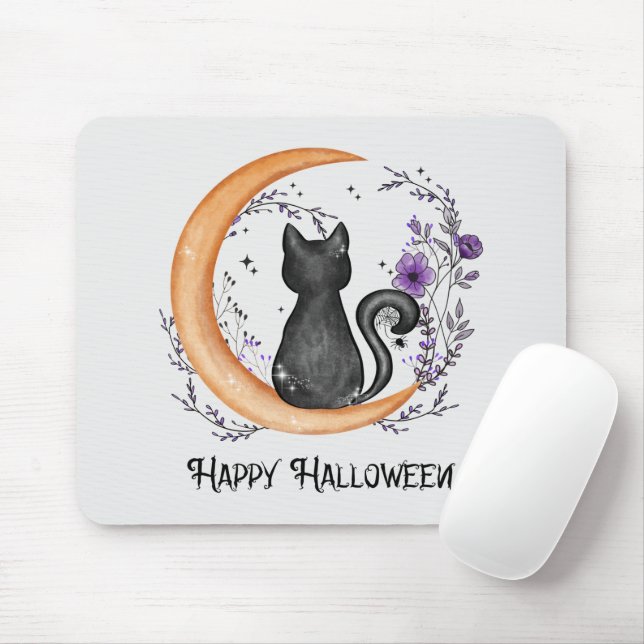 Black Cat and Crescent Moon for Happy Halloween Mouse Pad (With Mouse)