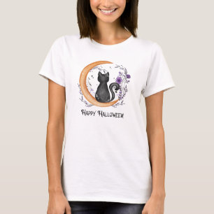 Black Cat and Crescent Moon for Happy Halloween T-Shirt