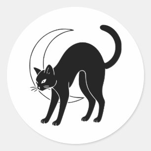 Black Cat and Crescent Moon Line Art Classic Round Sticker
