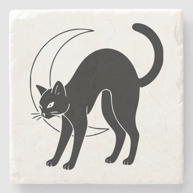 Black Cat and Crescent Moon Line Art Stone Coaster (Front)
