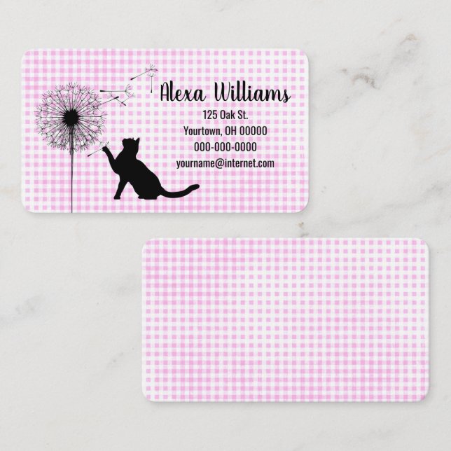 Black Cat and Dandelion On Gingham Business Card (Front/Back)