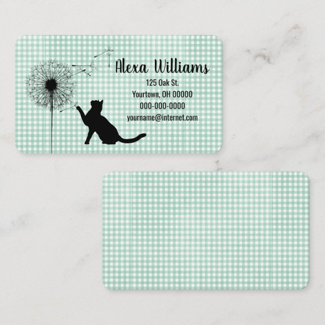 Black Cat and Dandelion On Gingham Business Card (Front/Back)
