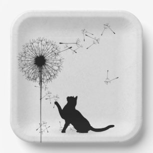 Black Cat and Dandelion Seeds Paper Plate