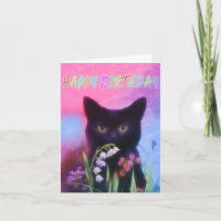 BLACK CAT AND FLOWERS BIRTHDAY CARD