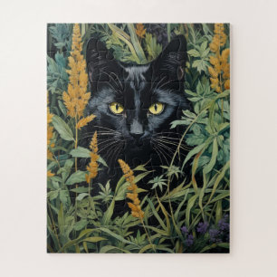 Black Cat and Flowers Jigsaw Puzzle