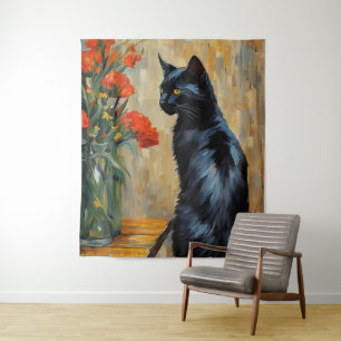 Black Cat and Flowers Tapestry