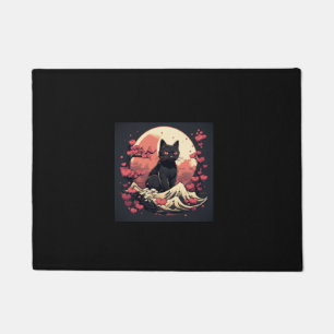 Black Cat and Full Moon Cherry Blossom Accents Doormat