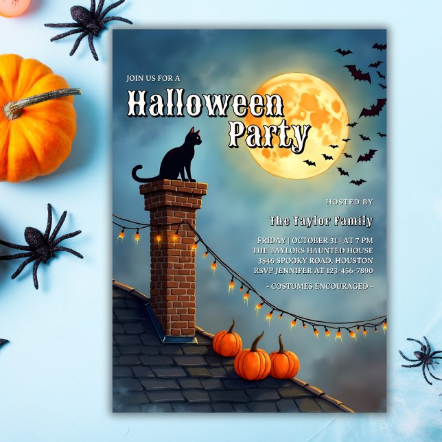Black Cat and Full Moon Halloween Party Invitation (Black Cat & Full Moon Halloween Party Invitation — Rooftop Pumpkins, Bats & String Lights)