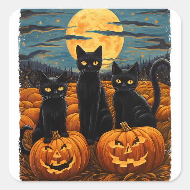 Black Cat And Ghost Sitting On Bench Halloween Dar Square Sticker (Front)