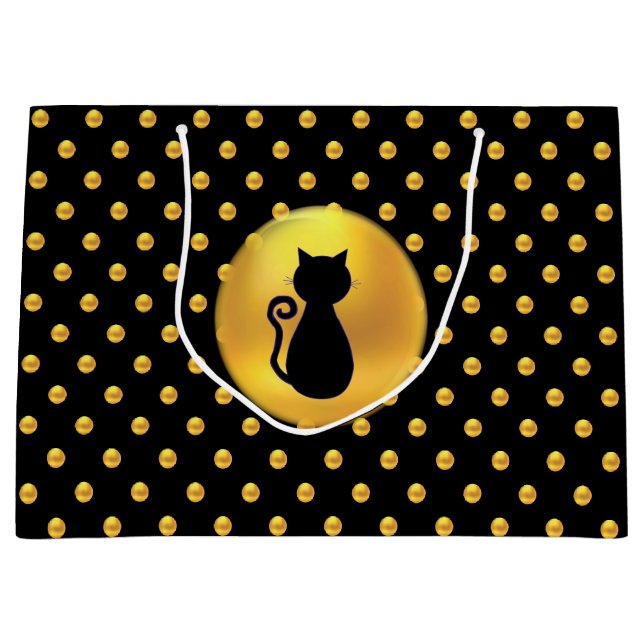 Black Cat and Gold Polka Dots Large Gift Bag (Front)