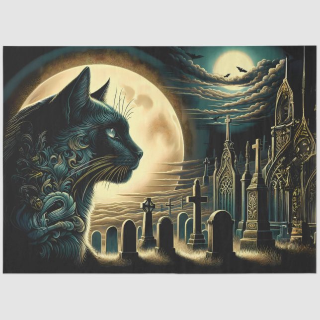 Black Cat and Gothic Graveyard Halloween Tissue Paper (Front)