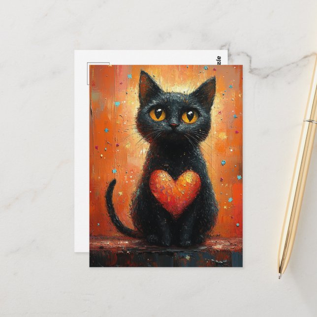 Black Cat and Heart Postcard (Front/Back In Situ)