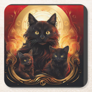 Black Cat And Her Kittens Nice Aura Square Paper Coaster