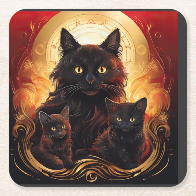 Black Cat And Her Kittens Nice Aura Square Paper Coaster (Front)