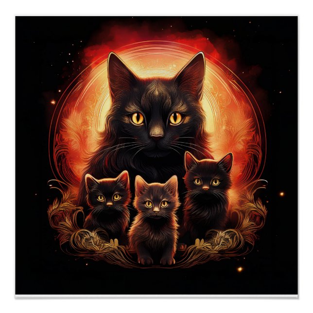 Black Cat And Her Three Kittens Poster (Front)