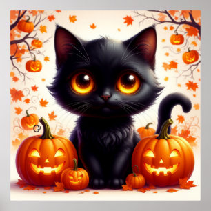 Black Cat And Jack O Lantern Fall Display 🍂 Poster