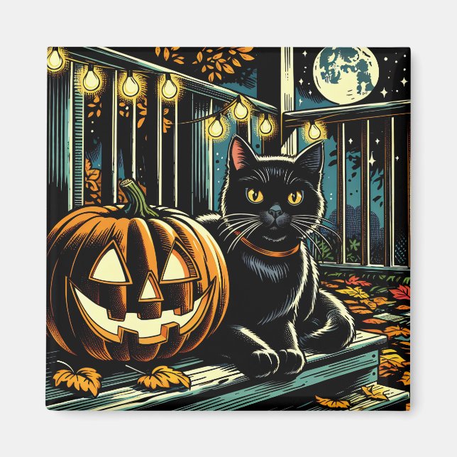 Black Cat and Jack-O-Lantern Halloween Magnet (Front)