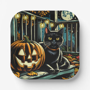 Black Cat and Jack-O-Lantern Halloween Paper Plate