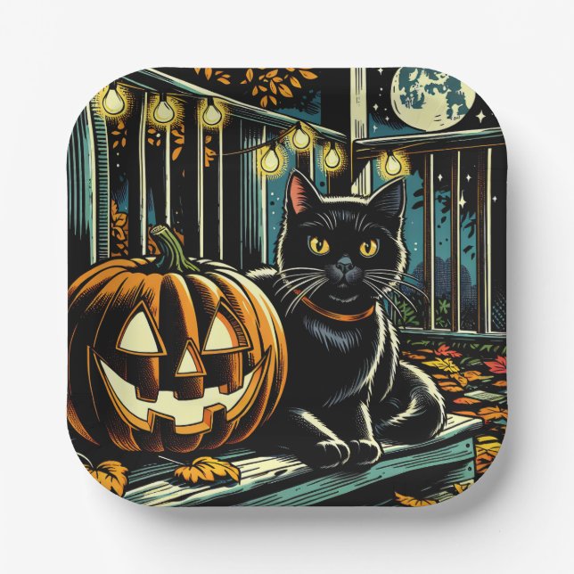 Black Cat and Jack-O-Lantern Halloween Paper Plate (Front)