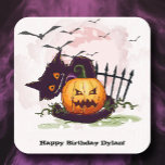 Black Cat and Jack o' Lantern Halloween Square Sticker<br><div class="desc">Bats in the sky fly above a scared black cat and a creepy leering jack o' lantern on these stickers (in 2 sizes and several styles.) Fun for Halloween parties,  Halloween birthday parties,  party favour bags and boxes and more. MATCHING invitations in our collection.</div>