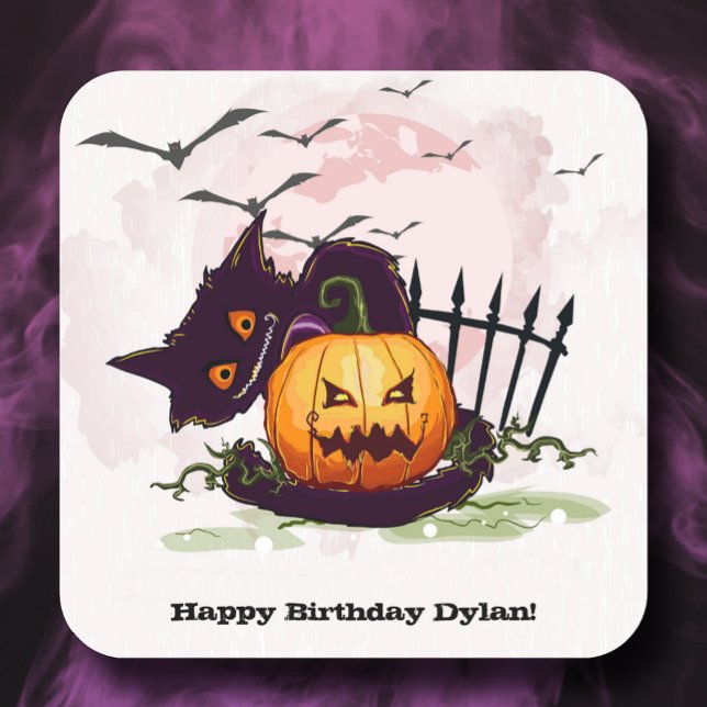 Black Cat and Jack o' Lantern Halloween Square Sticker (Creator Uploaded)