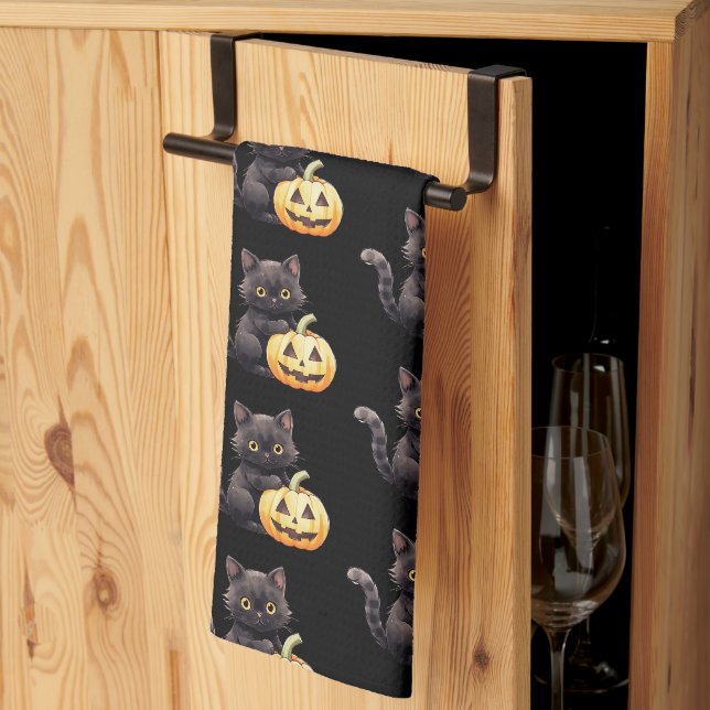 Black Cat and Jack-O' Lantern Pattern Halloween Tea Towel (Thirds Fold)