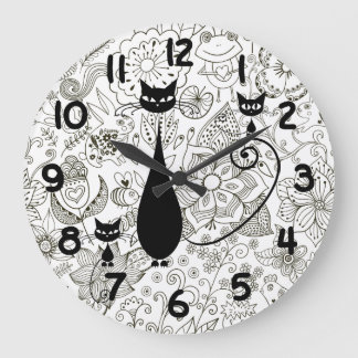 Black Cat and Kittens in Black and White Garden Large Clock