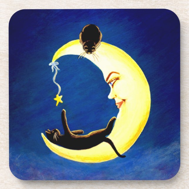 Black cat and moon corked back coaster set (Front)