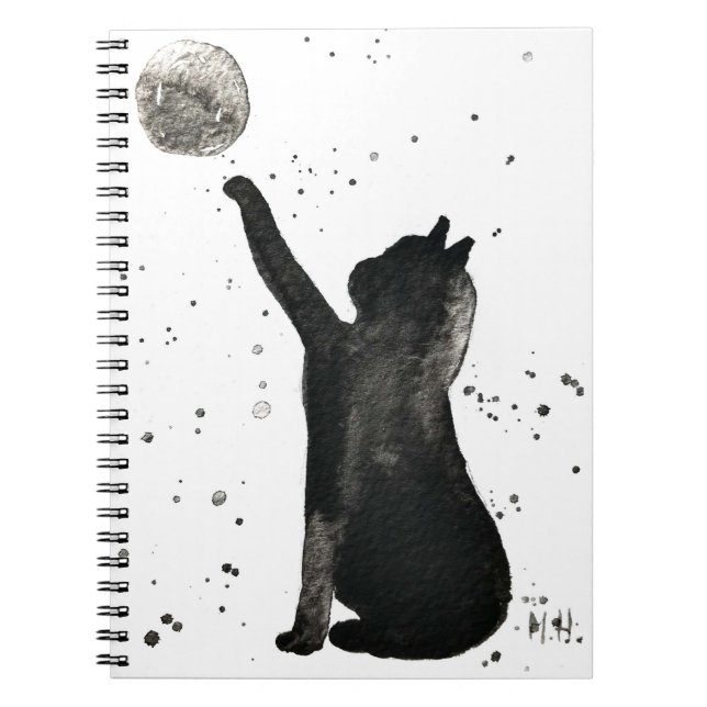 Black cat and moon pet kitten watercolor notebook (Front)