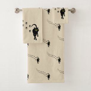 Black Cat and Pawprints Bath Towel Set
