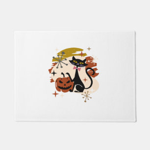 Black Cat and Pumpkin Atomic Retro Halloween   Doormat