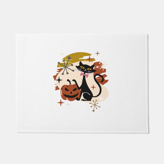 Black Cat and Pumpkin Atomic Retro Halloween   Doormat (Front)