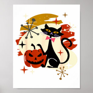 Black Cat And Pumpkin Atomic Retro Halloween  Poster