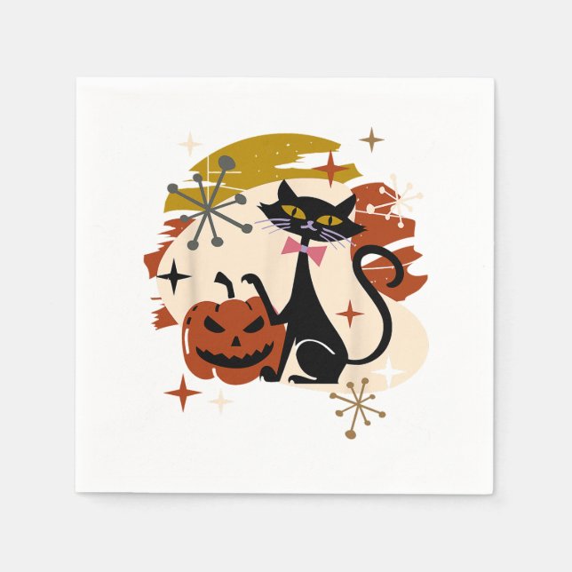 Black Cat and Pumpkin Atomic Retro Halloween T-Shi Napkin (Front)