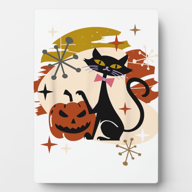 Black Cat and Pumpkin Atomic Retro Halloween T-Shi Plaque (Front)