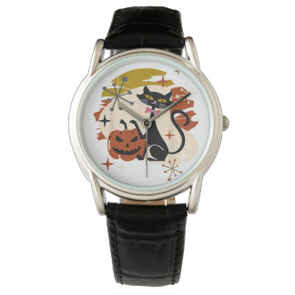 Black Cat and Pumpkin Atomic Retro Halloween T-Shi Watch