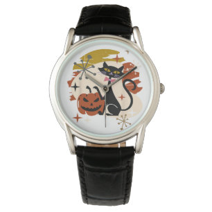 Black Cat and Pumpkin Atomic Retro Halloween Watch