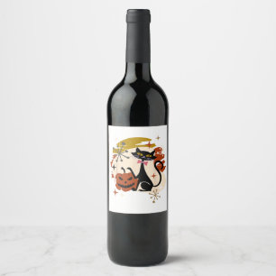 Black Cat and Pumpkin Atomic Retro Halloween Wine Label