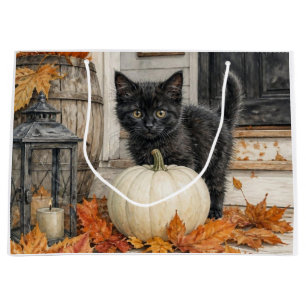 Black Cat and Pumpkin Farmhouse Halloween  Large Gift Bag