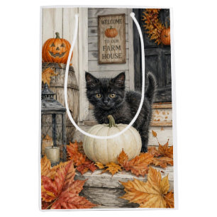 Black Cat and Pumpkin Farmhouse Halloween  Medium Gift Bag