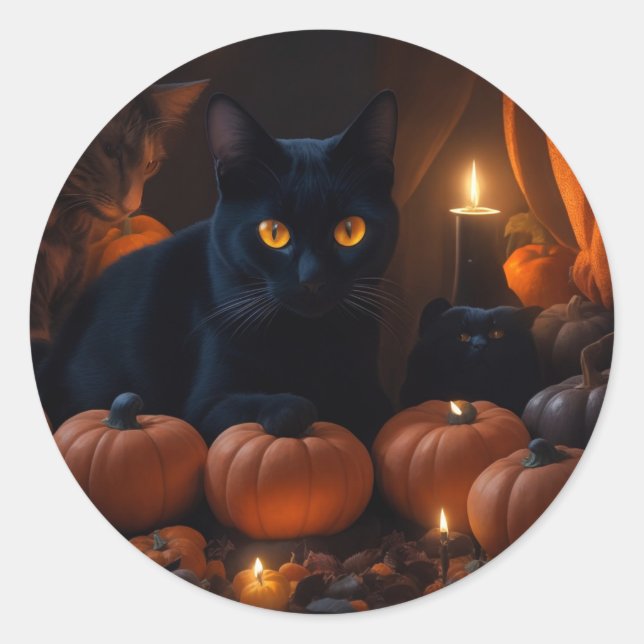 Black cat and pumpkin Halloween lovers  Classic Round Sticker (Front)