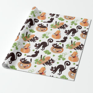 Black Cat And Pumpkin Halloween Pattern Wrapping Paper
